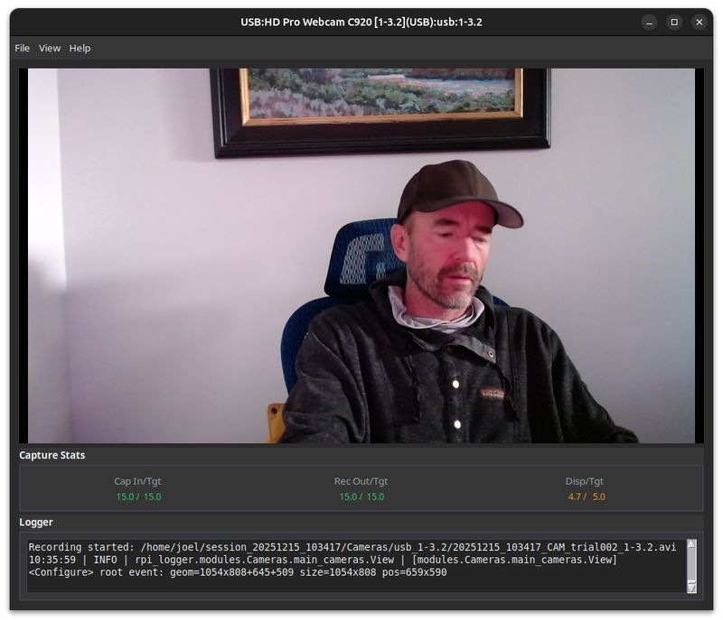 Camera module showing live preview and capture statistics