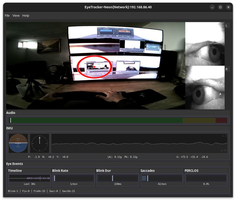 Eye Tracker module showing scene video with gaze overlay, eye cameras, and eye event metrics