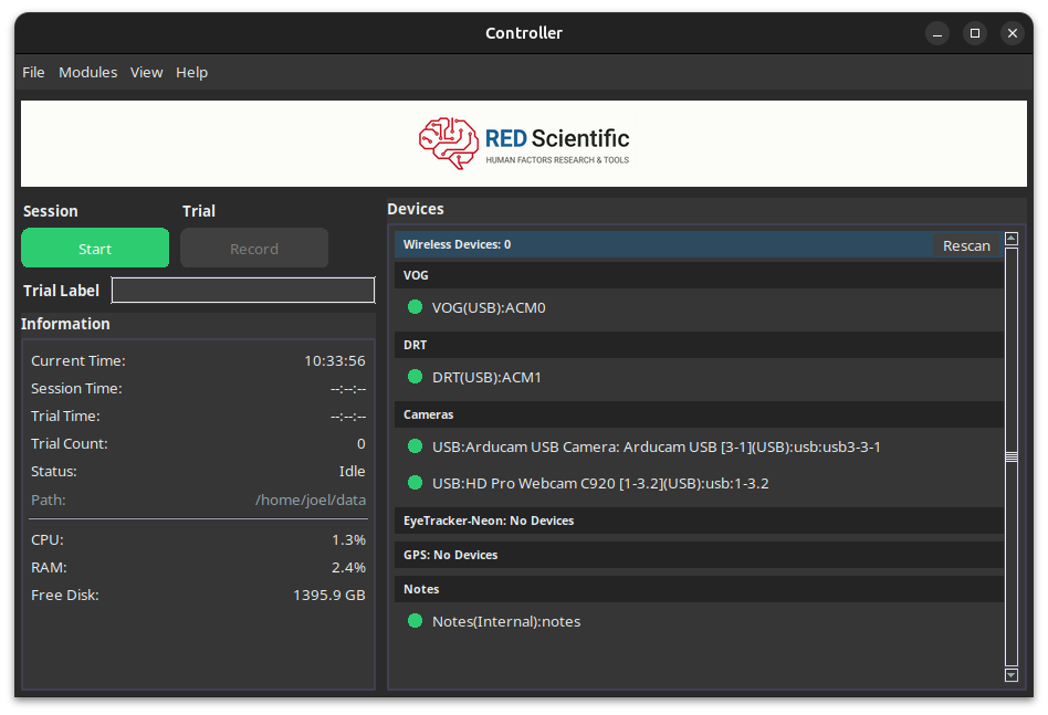 Logger main window showing session controls and connected devices