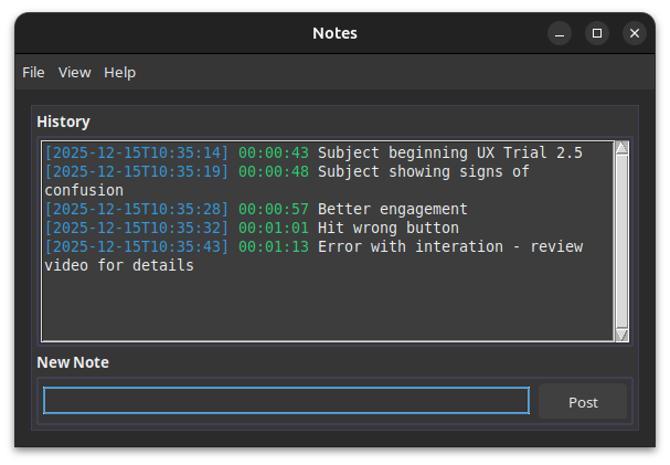 Notes module showing timestamped session annotations